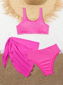 New Summer Girls' Swimwear Set, Snake Skin Pattern Fabric, Solid Color, 3 PiecesSwimsuit For Teens - Hot Pink - View 3