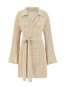 Elegant Shirt V-Neck Bell Sleeve Mini Dress Hollow Out Belted Knitted Dress 2024 Summer Beach Cover Up Women's Casual Outfit