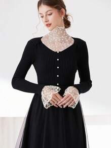 1pair Women's Beige Lace Trim Decorative Sleeve Cuffs, Casual - Multicolor - View 1