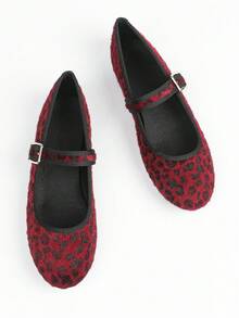 Giày bệt nữ họa tiết da báo màu đỏ rượu vang và thiết kế quai khóa thời trang, giày Mary Jane phong cách cổ điển thanh lịch, giản dị và thoải mái, thiết kế đơn giản kiểu Pháp, giày bệt nhẹ và thấp - Màu Đỏ Sâu - Xem 3