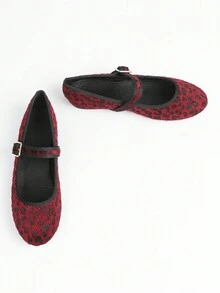 Giày bệt nữ họa tiết da báo màu đỏ rượu vang và thiết kế quai khóa thời trang, giày Mary Jane phong cách cổ điển thanh lịch, giản dị và thoải mái, thiết kế đơn giản kiểu Pháp, giày bệt nhẹ và thấp - Màu Đỏ Sâu - Xem 5