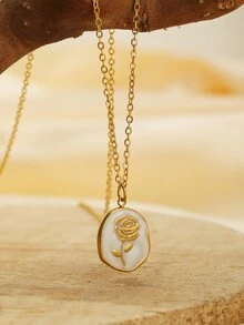 Dây chuyền mặt hình bầu dục mạ vàng cổ điển tráng men hoa cho phụ nữ Dây chuyền bằng thép không gỉ Quà tặng - Nhiều màu - Xem 17