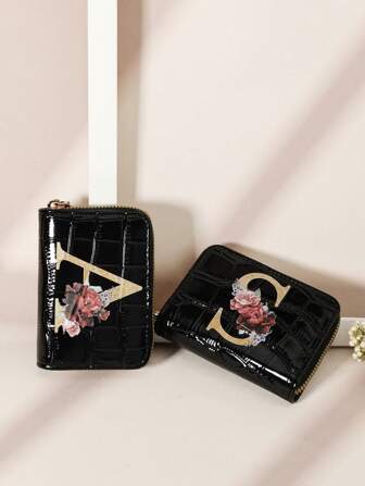 鳄鱼压纹翻盖石压纹字母套装，搭配水彩花朵和树叶 时尚印花拉链多卡位卡片收纳盒，用于存储信用卡，轻便多层便携式身份证信用卡，简约时尚现代商务，周年纪念，生日礼物，情侣，女孩，女士，女包，学校用品，宿舍和返校，女士钱包，钱包，小钱包