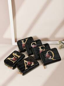 Cartera organizadora de tarjetas con cremallera alrededor, estampado de flores y hojas en acuarela, letras del alfabeto con relieve de piedra y estampado de cocodrilo, de múltiples capas, portátil y minimalista, ideal como regalo de aniversario, cumpleaños, para pareja, niña, mujer, para llevar a la escuela, universidad o como complemento de moda - Negro - Ver 6