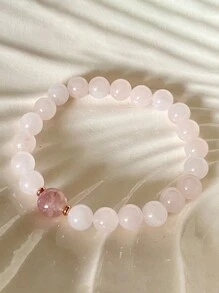 1pc Fashionable & Sweet Natural Stone Crystal Metallic Pink Color Geometric Beaded Bracelet For Women, Bringing Health, Luck, Healing Emotions For Daily, Party, Gathering
