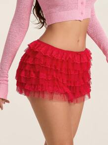 Women Lace Bloomers Shorts Casual Summer Layered Ruffles Elastic Short Pants For Vacation Beach Club Streetwear - 紅色 - 查看 2