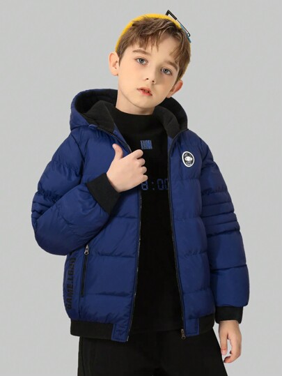 Tween Boy Simple College Style Padded Hoodie Jacket, Warm For Autumn/Winter