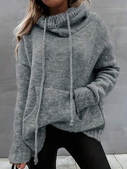 Plus Size Casual Loose High Collar Drawstring Knit Pullover Sweater, For Winter
