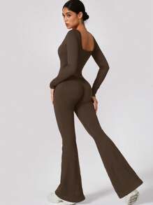 女式长袖无缝喇叭裤连体裤，高弹力罗纹腰提臀舞蹈服，适合户外运动 - 咖啡棕 - 查看 3