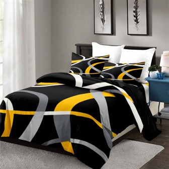 3PCS Yellow Grey Black Geometry Modern Abstract Art Print Duvet Cover Set(1*Duvet Cover + 2*Pillowcase, Without Core),Soft, Comfortable, And Breathable Bedding For Bedroom And Guest Rooms,Comfortable, Hypoallergenic, And Easy Care,For All Seasons