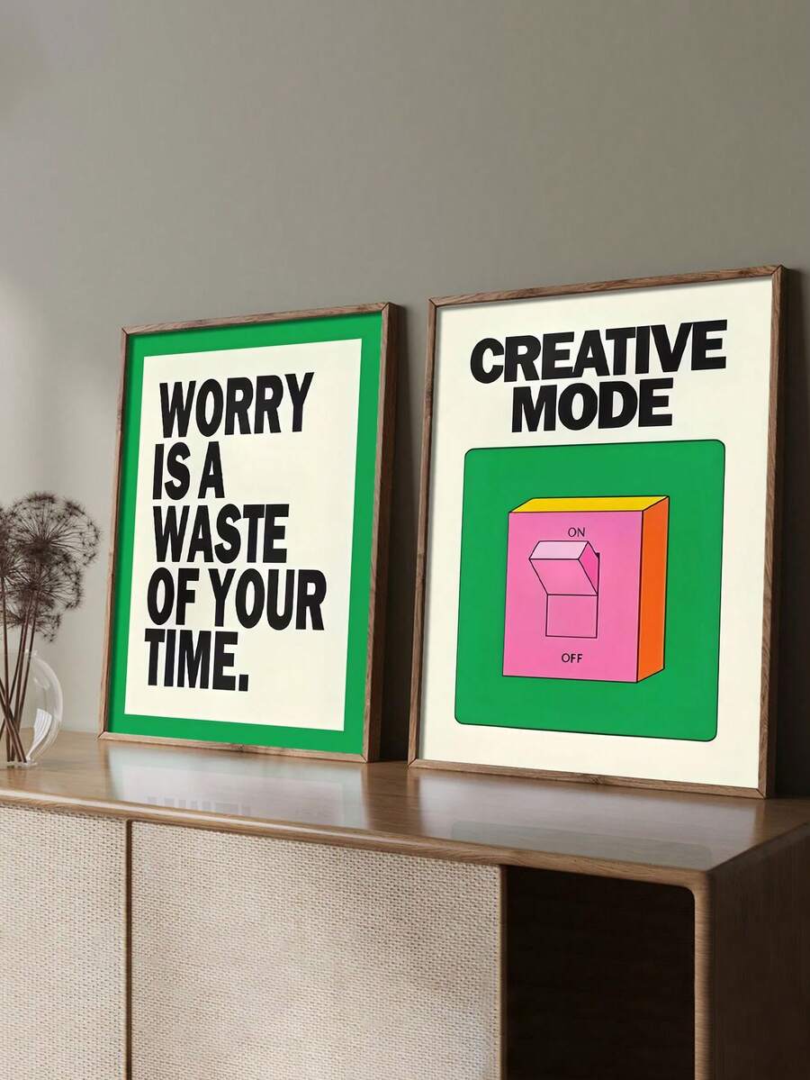 2 件/套无框绿色励志名言帆布艺术印刷品 - 时尚有趣的墙壁装饰，适合客厅、卧室、办公室 - 现代简约海报，完美的礼物创意 - 彩色 - 查看 1