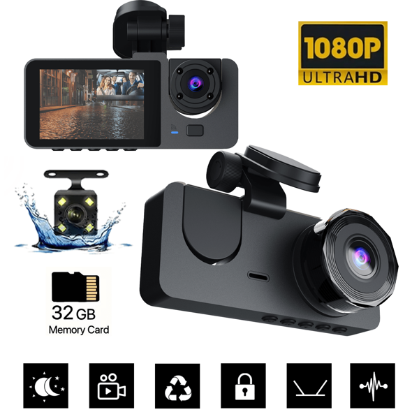 Telecamera per auto HD 1080P, registratore di guida a tre telecamere integrato anteriore e posteriore, con scheda di memoria da 32 GB gratuita, registratore di guida per auto con funzione di visione notturna, WDR, sensore G, rilevamento del movimento