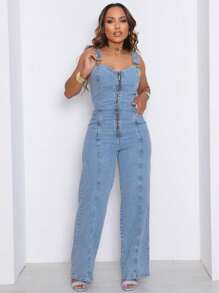 Women's Denim Overalls With Adjustable Straps And Front Zipper - 淺色水洗藍 - 查看 1