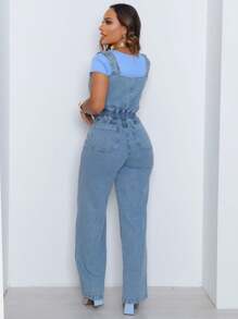 Women's Denim Overalls With Adjustable Straps And Front Zipper - 淺色水洗藍 - 查看 8