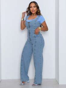 Women's Denim Overalls With Adjustable Straps And Front Zipper - 淺色水洗藍 - 查看 5