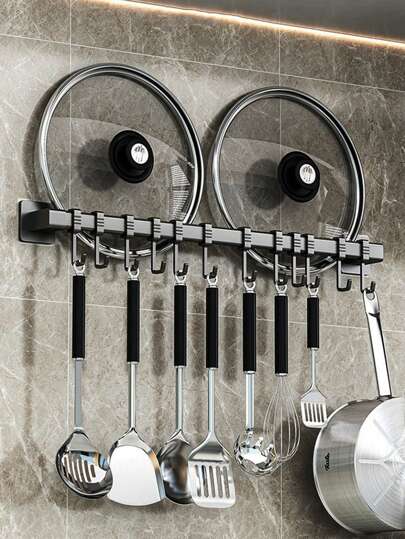 1 件免钻时尚壁挂式厨房用具收纳架，带可移动挂钩 - 易于安装的悬挂式储物杆，用于存放烹饪工具和毛巾架