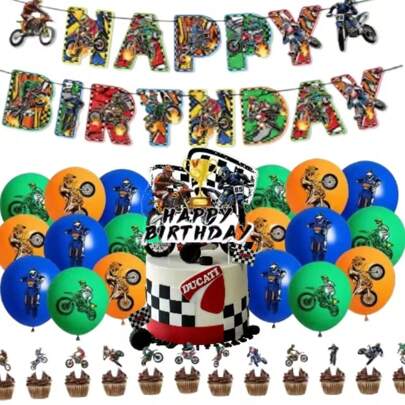 Set de 43 piezas de decoración para fiesta de cumpleaños con tema de motocicletas de carreras, incluye banderines, adornos para pastel, globos [Banderines 15, Adornos para pastel 13]