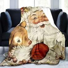 GEL HUT MUN Comfortable Christmas Flannel Blanket - Vintage Santa Claus And Reindeer Design, Soft And Warm, Suitable For Sofa, Bed, Office, All Season Low Allergy Gift Blanket