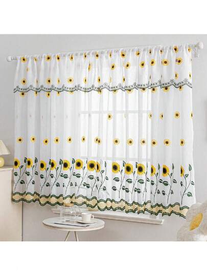 2pcs Elegant Floral Embroidered Sheer Curtains, Sunflower Pattern For Living Room, Study, Balcony, Kitchen - Home Decor