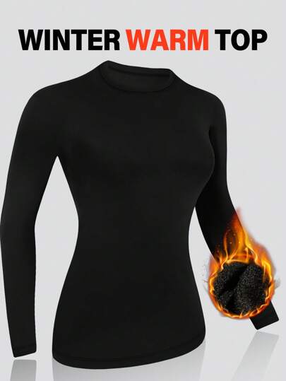1pc Black Thick Thermal Lined Turtleneck Long Sleeve Slim Fit Base Layer Top, Autumn/Winter