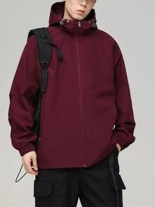 男女通用户外夹克，防风防水透气休闲连帽运动外套，时尚登山外套，适合男友风格男士和女男友风格男士，浅米色修身款，秋冬 - 酒紅色 - 查看 7