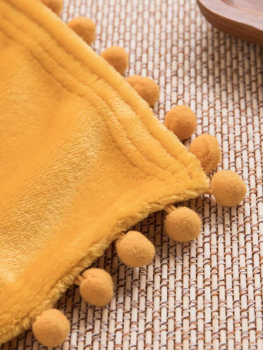 1pc PomPom Tassel Edging Solid Color Throw Blanket, Suitable For Home