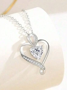 1pc 925 Sterling Silver Delicate Cubic Zirconia Heart Shaped Necklace, Elegant Jewelry Gift For Mother, Girlfriend, Best Friend - Silver - View 4