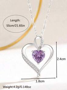 1pc 925 Sterling Silver Delicate Cubic Zirconia Heart Shaped Necklace, Elegant Jewelry Gift For Mother, Girlfriend, Best Friend - Silver - View 3