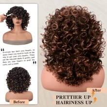 Ombre Brown Wig 14 Inch Curly Wigs Short Curly Wig With Bangs Heat Resistant Synthetic Fiber Hair Cosplay Wigs - 漸層棕色 - 查看 6