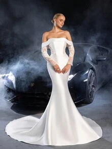 Faeriesty Rochie de mireasă elegantă, tip sirenă, cu mânecă lungă, fără umeri – Ținute de mireasă din dantelă atemporale pentru ceremonii bisericești, recepții formale, nunți în destinații speciale, gale pe covorul roșu și portrete de mireasă de lux, Mireasă - alb - Vizualizare 6