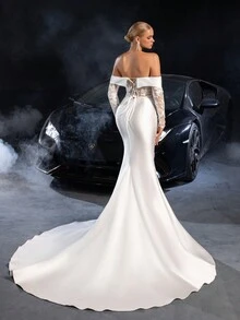 Faeriesty Rochie de mireasă elegantă, tip sirenă, cu mânecă lungă, fără umeri – Ținute de mireasă din dantelă atemporale pentru ceremonii bisericești, recepții formale, nunți în destinații speciale, gale pe covorul roșu și portrete de mireasă de lux, Mireasă - alb - Vizualizare 2