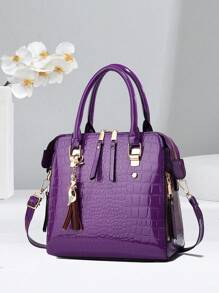 全新时尚简约风格女士手提包，优雅纯色女式手提包 - 紫色 - 查看 1