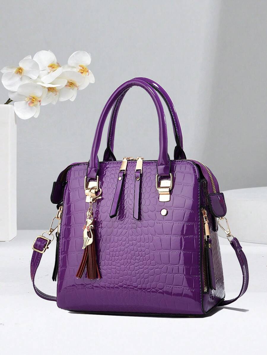 全新时尚简约风格女士手提包，优雅纯色女式手提包 - 紫色 - 查看 1