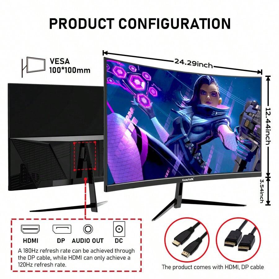 27Inch Curved Gaming Monitor 180Hz, Computer Screen Full HD 1080P