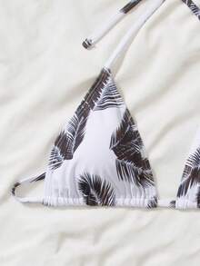 Women Tropical Plant Printed Tie Neck Halter Bikini Set & Cover Up Skirt, For Summer Beach Vacation