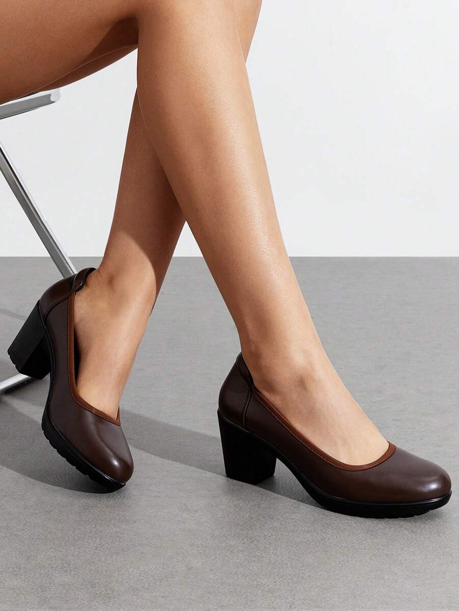 Women's Chunky Round Toe Low Block Heels Work Pumps Elegant Comfortable Solid Color Slip On Wedding Office Gift Festival Shoes - Brown - View 1