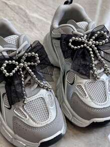 1 件圣诞节新款韩式简约仿珍珠黑丝带蝴蝶结鞋配饰，仿珍珠蝴蝶结包包装饰 DIY 配饰