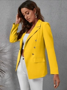 Women's Tailored Blazer Elegant Formal Jacket With Button - Yellow - View 3