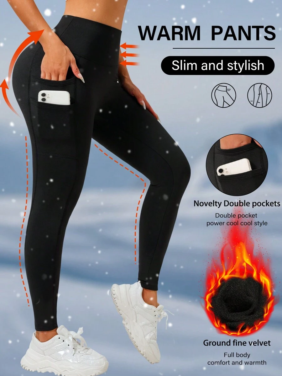 1pc Black Thermal Lined Yoga Leggings, Warm & Slimming, 4 Pockets Design, Double-Layer Waistband - Black - View 1