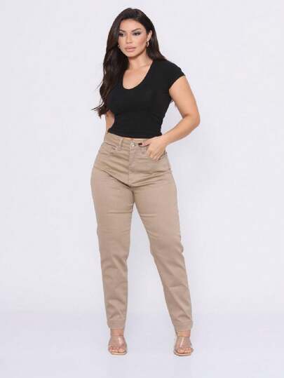 Calça Feminina Modelo Mom Bege de Sarja, Cintura Alta Wesen Jeans