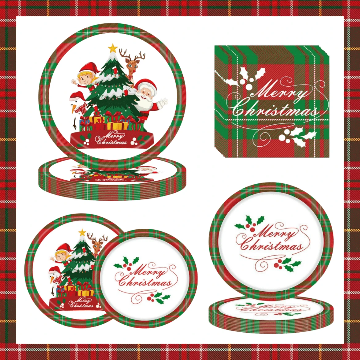 24 件圣诞树纸盘餐巾，红色格子派对盘子一次性派对用品蛋糕甜点盘，适用于圣诞节新年假期婚礼生日餐具套装派对装饰品，24 位客人，