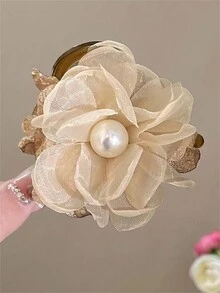 1 件装女士珍珠和网状花朵装饰发爪夹，发爪发夹，适用于发髻发型配件 - 彩色 - 查看 4