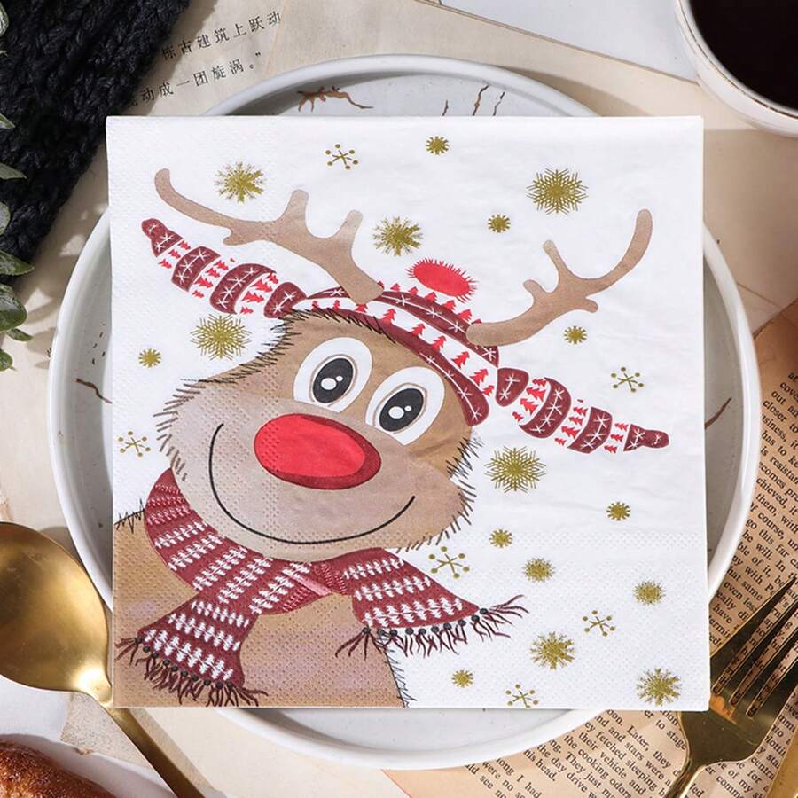 AFYPRTY 20 unidades/saco guardanapos de rena de natal desenho animado alce padrão guardanapos 6,5 polegadas 2 camadas papel de polpa de madeira nativa adequado para decoração de festa de natal restaurante cozinha suprimentos, natal - Multicolorido - Ver 1