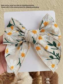 1pc Linen Hair Accessory For Children, Bowknot Design With Daisy Embroidery And Tassel Decoration - Beige - View 2