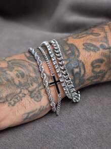 4pcs/Set Punk Cross Beaded Stainless Steel Chain Bracelet Set, Suitable For Men, Versatile For Daily Wear, Party, Birthday, Christmas, Valentine's Day, Thanksgiving, New Year Gift