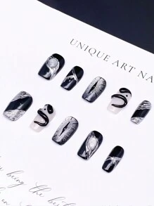 10 件短方形/圆形深色酷哥特式黑白 3D 眼睛、蛇、猫眼金属镜面光泽指甲贴纸套装，是欧洲和美国时尚达人日常佩戴的理想美甲配件 - 黑與白 - 查看 3