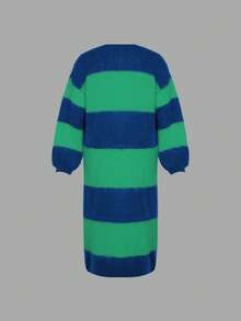 Wide Contrasting Stripes, Fluffy Long Knit Cardigan, Autumn And Winter Collection, Oversized - Teal Blue - View 2