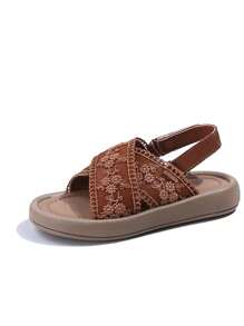 1 par de sandalias de verano con puntera abierta, diseño bordado transpirable, sandalias de playa versátiles antideslizantes para niñas