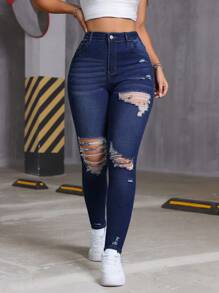 高品质女士修身弹力牛仔裤，做旧细节设计，简约时尚，适合日常休闲穿着和圣诞节等场合。