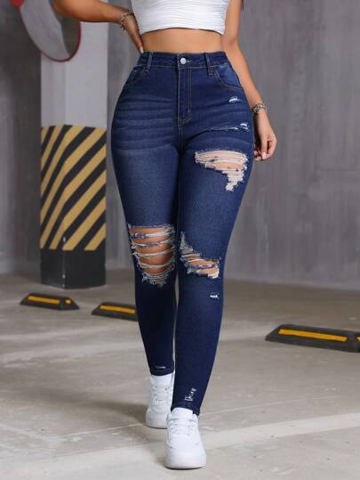 Premium Damen figurformende elastische gewaschen Jeans, Damen zerrissene Jeans, minimalistische Mode lässige Alltagskleidung